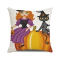 Halloween pillow cover with cartoon witch, black cat and pumpkin on beige linen fabric - Beige Linen Cartoon Witch Cat (30)