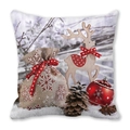 Detail of Christmas pillow cover with reindeer, pine cones, and red ornaments on white base - Wooden Reindeer Scene (33)