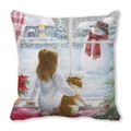 Detail of Christmas pillow cover featuring watercolor girl and dog looking at snow - 45x45cm / Blonde Girl and Puppy by Window / 40