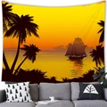 Sunset beach wall tapestry with palm silhouettes and sailing boat for living room decor - 100x70(Peach Skin) / Style 9