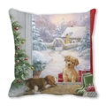 Detail of Christmas pillow cover showing a cozy snow cabin and festive puppy illustration - 45x45cm / Lit Cottage and Puppies in Snow / 39