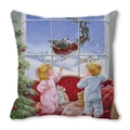 Close-up of Christmas pillow cover featuring children watching Santa Claus and reindeer - 45x45cm / Children Watching Santa's Sleigh / 38
