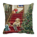 Detail of Christmas cushion cover with golden puppy and gray kitten by a tree - 45x45cm / Indoor Stairs Puppy and Kitten / 36