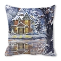 Macro detail of Christmas snow cabin oil painting print on peach skin pillowcase - 45x45cm / Snowy Red Brick House Reflection / 34