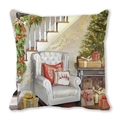 Detailed Christmas pillow case featuring hand-drawn sofa and tree festive illustrations - 45x45cm / Vintage Sofa and Deer Pillow / 32