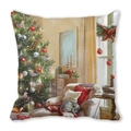 Detail of artistic oil painting print on Christmas pillow case featuring cat and tree - 45x45cm / Sleeping Grey Tabby Cat / 30