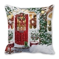 Detail of oil painting Christmas porch print on a square velvet sofa cushion cover - 45x45cm / Snow Covered Porch / 27