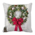 Macro detail of Christmas wreath cushion cover featuring festive red bow and berries - 45x45cm / Evergreen Wreath and Red Bow / 24