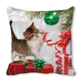 Detail of Christmas cushion cover with cat and gift oil painting artistic print - 45x45cm / Cat and Red Gift Boxes / 23
