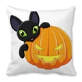 Halloween pillow cover with a cute black cat and glowing pumpkin on white background - Green Eye Cat Pumpkin (33)