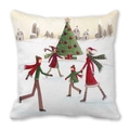 Merry Christmas square throw pillow featuring hand-drawn skating scene and festive trees - 18x18 Inch / Ice Skating and Winter Cabin Illustration Style (8)
