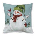 Primer plano de cojín de piel de melocotón con ilustración de muñeco de nieve navideño - 45x45 cm / Muñeco de nieve con gorro verde y pájaro rojo (35)