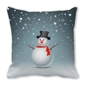 Detalle de cojín decorativo con un muñeco de nieve festivo y copos de nieve blancos - 45x45 cm / Muñeco de nieve Merry Christmas fondo gris azulado (34)