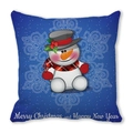 Funda de cojín navideña azul con muñeco de nieve y felicitación de Navidad - 45x45 cm / Muñeco de nieve con bufanda a cuadros y fondo azul oscuro (33)