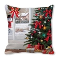 Square Christmas pillow cover featuring festive oil painting of a tree and snowman scene - 45x45cm / Snowman and Christmas Tree Window / 15
