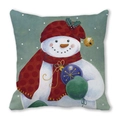 Detalle de ilustración de muñeco de nieve en funda de cojín navideña de tela de durazno - 45x45 cm / Muñeco de nieve con bufanda roja de lunares y bola azul (26)