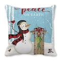 Detalle de funda de cojín navideño con muñeco de nieve e impresión de Peace on Earth - 45x45 cm / Muñeco de nieve Peace On Earth fondo azul claro (23)