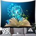 Creative magic book tapestry with digital galaxy icons for modern tech wall decor - Digital Tech and Earth (2)