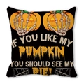 Detail of Halloween pillow case with pumpkin and skeleton hand print on peach skin fabric - Pumpkin Pie Pun Style (8)