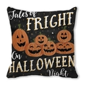 Close-up of Halloween pumpkin cushion cover with Tales of Fright typography on black fabric - Halloween Night Tales Style (9)