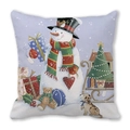 Christmas snowman cushion cover with hand-drawn winter scene on blue peach skin fabric - 18x18 Inch / Smiling Snowman and Teddy Bear Illustration Style (10)