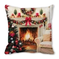 Christmas oil painting style square cushion cover with festive fireplace and tree - 45x45cm / Christmas Indoor Fireplace and Tree / 1