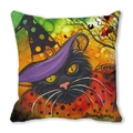 Halloween decorative pillow case featuring a cute black cat wearing a purple witch hat - Art Witch Cat (35)