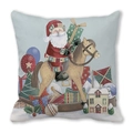 Light blue Merry Christmas cushion cover with Santa on a rocking horse and gifts - 18x18 Inch / Santa Riding Rocking Horse Festive Style (11)