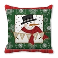 Funda de cojín navideño con muñeco de nieve, bandera Joy y bordes de cuadros rojos - 45x45 cm / Muñeco de nieve JOY con chistera y fondo de madera verde (13)