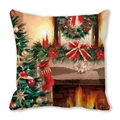 Square Christmas peach skin cushion cover featuring an oil painting festive fireplace design - 45x45cm / Warm Fireplace with Stockings / 3