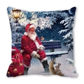 Watercolor Christmas pillow case featuring Santa on a bench with rabbits and gifts - Santa Claus Sitting on Blue Bench Pattern (18)