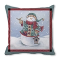 Funda de cojín navideña de muñeco de nieve y pajarera en tela de piel de melocotón - Muñeco de nieve con chaqueta verde y pájaro (2)