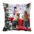 Merry Christmas peach skin square pillowcase with oil painting of kids watching a snowman - 45x45cm / Children and Snowman by Window / 4