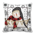 Funda de cojín navideña con muñeco de nieve y pancarta sobre tela blanca - Muñeco de nieve con gorro negro de lunares y bandera MERRY (4)