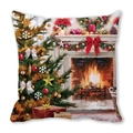 Christmas pillowcase with oil painting of a cozy fireplace and decorated tree - 45x45cm / Green Tree and Brick Fireplace / 6