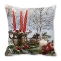 Merry Christmas pillow cover with red candles, pine cones and spruce print on peach skin - Red Spiral Candles Style (6)