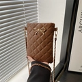 Brown quilted crossbody phone bag with golden bow clasp and stylish chain strap - Brown