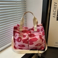 Borsa tote in tela leopardata rosa con tasche frontali e tracolla regolabile per le donne - Rosa