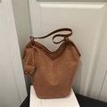 Vintage brown faux suede bucket tote bag with leather trim and mini coin purse charm - Brown