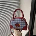 Süße Mini-Bowlingtasche mit Karomuster, rotem Apfelmotiv und Ledergriffen für Damen - Rot