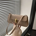 Chic camel lychee pattern leather shoulder bag with vintage gold clasp for women - Khaki