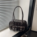 Borsa bowling in pelle lucida caffè scuro con doppie tasche frontali e manici lunghi - Marrone
