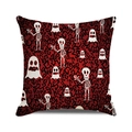 Detailaufnahme von rotem Halloween Kissenbezug mit weißen Skelett und Geist Motiven - Rote Abstrakte Skelette und Geister (15)