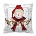Funda de cojín navideña con muñeco de nieve y cartel JOLLY en tela de piel de melocotón - 45x45 cm / Muñeco de nieve con bufanda a cuadros y bandera JOLLY (7)