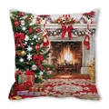 Christmas peach skin throw pillow case with classic oil painting of tree and fireplace - 45x45cm / Grand Christmas Tree and Gifts / 8