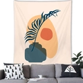 Abstract palm leaf wall tapestry hanging above a grey sofa in a modern living room - 100x70(Peach Skin) / Dark Blue Palm Leaf Jar Style (13)