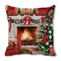 Merry Christmas peach skin pillow cover with golden retriever and fireplace scene - 45x45cm / Golden Retriever and Cat on Sofa / 9