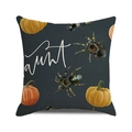 Detail van Halloween kussensloop met pompoen, spin en haunt-tekst op zwart linnen stof - Haunt Pompoen Spin (Zwart)