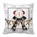 Funda de cojín navideña con muñeco de nieve, cartel PEACE y orejeras rojas - 45x45 cm / Muñeco de nieve con bufanda a cuadros y bandera PEACE (9)