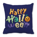 Dunkelblaue Happy Halloween Kissenhülle mit Motiven von Geistern und Kürbissen - Marineblaue Halloween-Illustration (21) / 45x45 cm